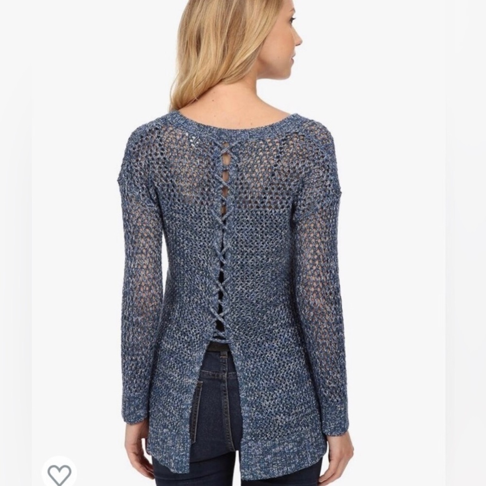 Lucky Brand Blue Tunic Sweater Size Large Open Knit Layering Split Back Cover Up